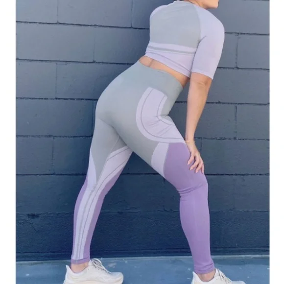 Fabletics Sofia Seamless Crop Top & Legging Frosted Lilac 2 Piece Workout Set XS - Picture 2 of 10
